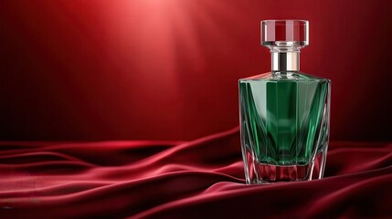 This image depicts a sophisticated green perfume bottle artfully arranged on luxurious red silk, embodying elegance and allure with its unique design and color combination.
