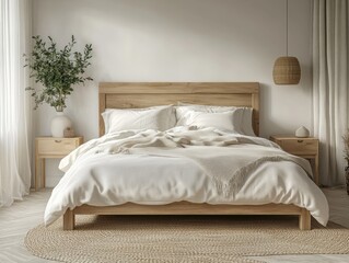 Cozy and inviting bed with soft white blanket and pillows in a serene bedroom setting