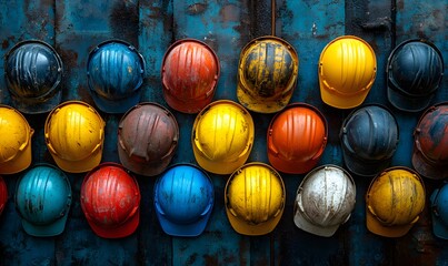 Assorted colorful hard hats piled on a surface. Workplace safety theme,