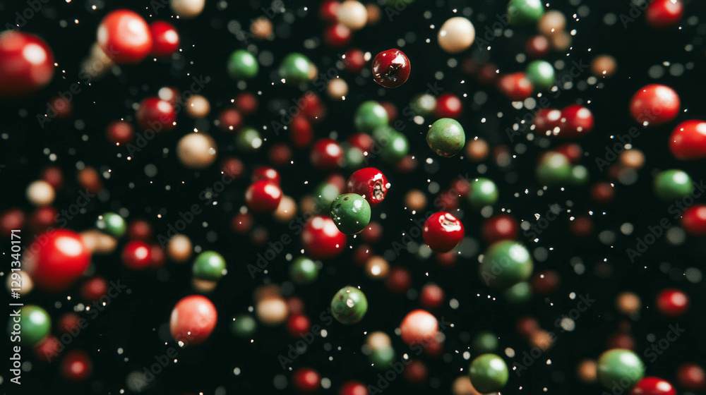 Poster vibrant floating red and green peppercorns in motion for background design