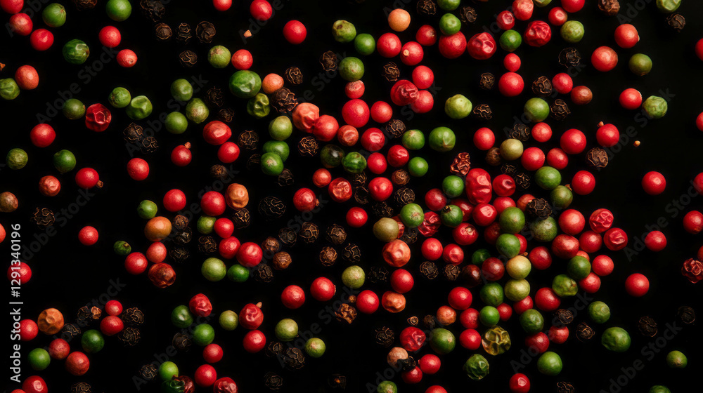 Poster vibrant floating red and green peppercorns on dark background for culinary design