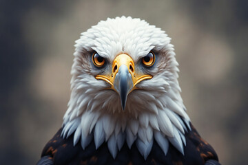 Obraz premium Majestic bald eagle with intense gaze symbolizing strength against blurred neutral background with copy space