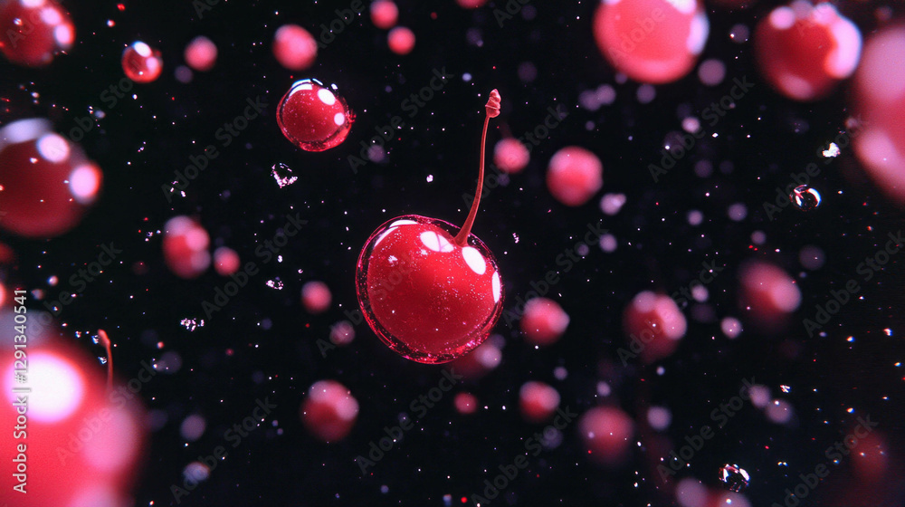 Aufkleber vibrant floating red cherries with subtle reflections in dark background