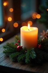 Warm candlelight illuminates festive greenery, fairy lights, snowflake