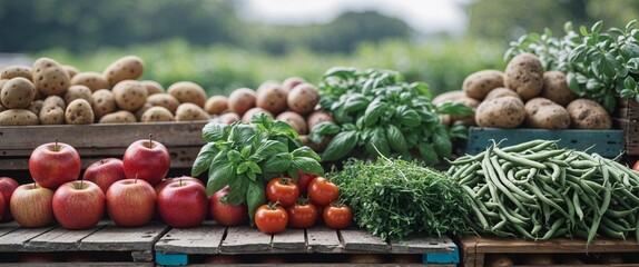 Farm Market Produce Apples Tomatoes Basil Potatoes Beans Outdoors.