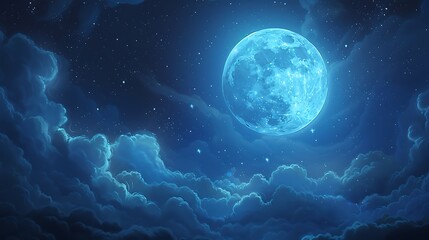 Beautiful Blue Skies with Nature, Bright Moon ,Cloud ,Beach scenery, Tree, night -Anime concept Background