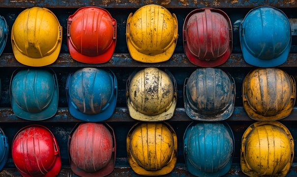 Assorted colorful hard hats piled on a surface. Workplace safety theme,



