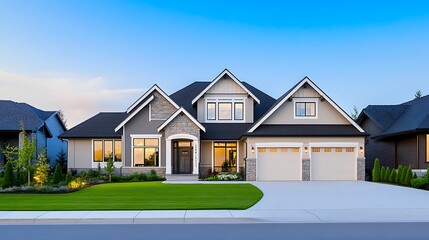 Fototapeta premium Beautiful modern house exterior at dusk. Dream home, real estate, architecture.