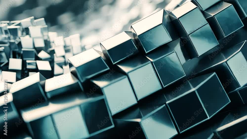Poster cubes create a wave pattern in an abstract motion rendering showcasing light and texture, cubes form