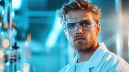 A determined young researcher gazes thoughtfully while wearing protective eyewear, showcasing his dedication to scientific endeavors in a high-tech lab environment.