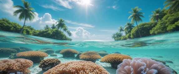 Underwater Coral Reef and Tropical Landscape with Blue Sky.