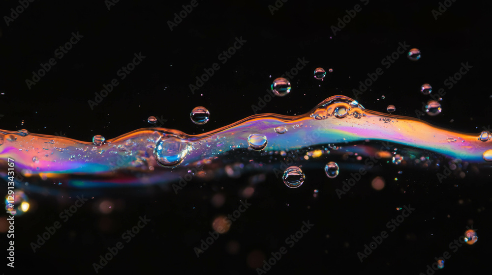 Poster abstract fluid art with foam smears and oil droplets on dark background for creative design