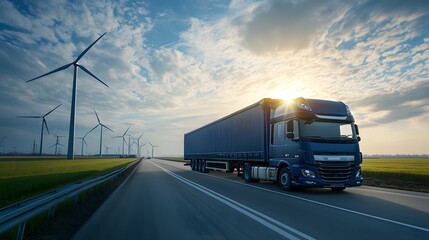 Obraz premium Environmentally Focused Logistics Network with Truck and Wind Turbines Under a Beautiful Sky