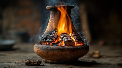 Clay pot fire, cooking, rural kitchen, smoke, warmth