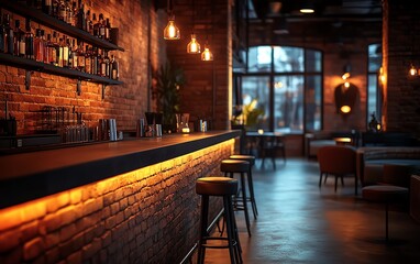 Fototapeta premium Highend modern bar with a dimly lit atmosphere, rustic brick wall, soft LED backlighting, luxurious seating, minimalist aesthetic, cinematic depth of field, ultraHD 8K