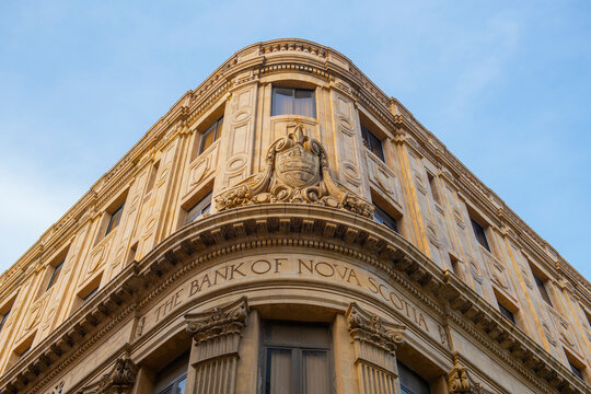Bank of Nova Scotia building at the corner of Calle Cuba St and O'Reilly Street in Old Havana (La Habana Vieja), Cuba. Old Havana is a World Heritage Site. 