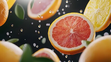 Freshly Sliced Citrus Fruits Tossed in Mid Air with Water Droplets and Green Leaves for Vibrant Scene