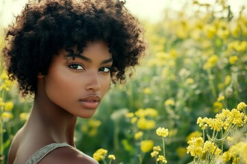 Naklejka premium Short haircut - curly hair. Gorgeous calm black girl - for ads, marketing material and web marketing use. Commercial commercial creative. African american fashion portrait. Black woman glamour.