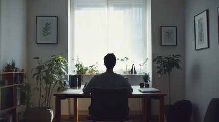 Fototapeta premium Hypertension patient meditating in a minimalist home office. Featuring mindfulness and relaxation