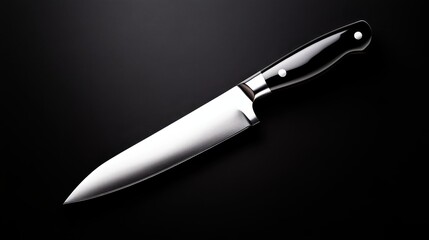 An artistic shot of a high-quality chef knife positioned against a dark backdrop, emphasizing the knife's craftsmanship and its importance in culinary arts.