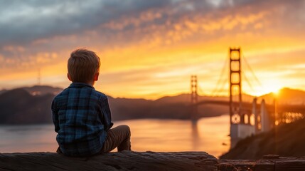 A child gazes at the iconic Golden Gate Bridge during a vivid sunset, capturing a moment of wonder and tranquility in a beautiful bay landscape full of colors.