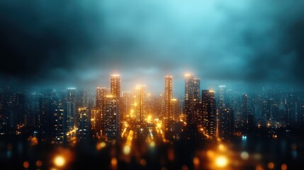 Fototapeta premium This mesmerizing cityscape showcases a misty view at night, where soft lights illuminate the buildings, creating an ethereal atmosphere that captivates the observer.