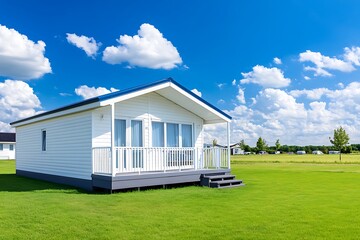 Modern white holiday home on green lawn under blue sky