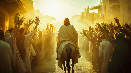 Jesus Riding Gently on a Donkey Through a Vibrant Crowd During a Sacred Celebration in the Golden Light of Dawn