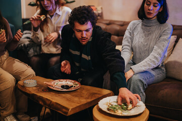 Friends gather around a table, sharing food and enjoying a comfortable and relaxed atmosphere.