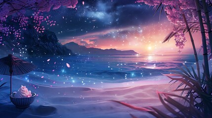 Obraz premium Beautiful Blue Skies with Nature, Bright Moon ,Cloud ,Beach scenery, Tree, night -Anime concept Background
