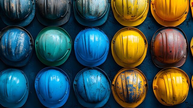 Assorted colorful hard hats piled on a surface. Workplace safety theme,


