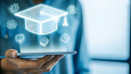 Holographic Graduation Cap with Education Icons for Digital Learning