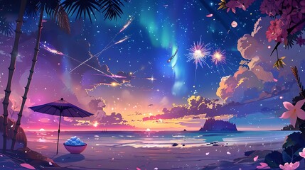 Obraz premium Beautiful Blue Skies with Nature, Bright Moon ,Cloud ,Beach scenery, Tree, night -Anime concept Background