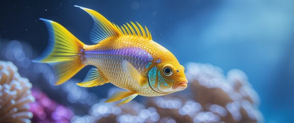 Obraz premium Yellow fish swimming over coral on display with mystical blue background.