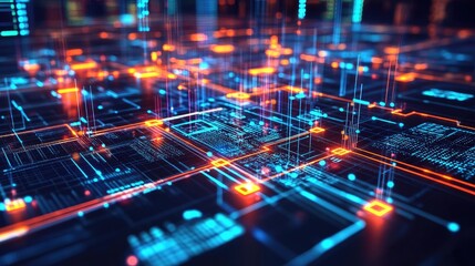 Obraz premium A conceptual image of blockchain technology, with glowing interconnected data blocks in cyberspace.