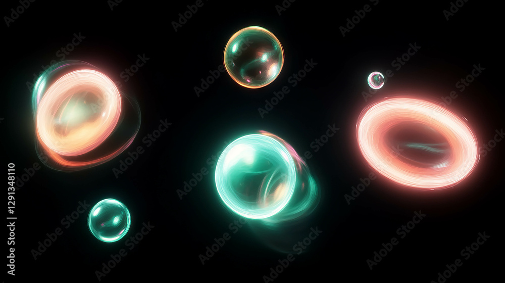 Poster glowing neon orbs floating in dark background for futuristic design