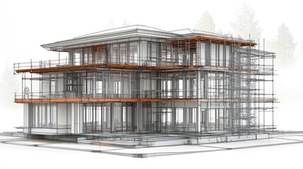 Obraz premium Architectural rendering of a house under construction, showcasing structural framework and scaffolding.