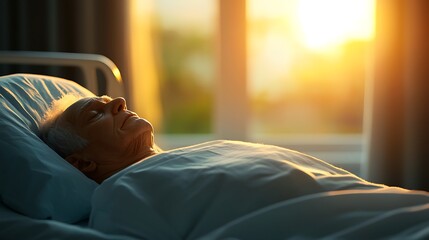 A serene elderly man resting in a hospital bed, illuminated by warm sunlight streaming through a window, evokes a sense of peace and tranquility.