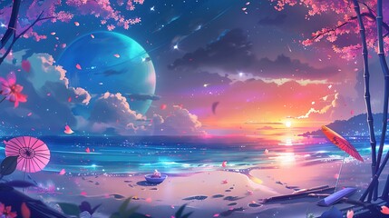 Obraz premium Beautiful Blue Skies with Nature, Bright Moon ,Cloud ,Beach scenery, Tree, night -Anime concept Background