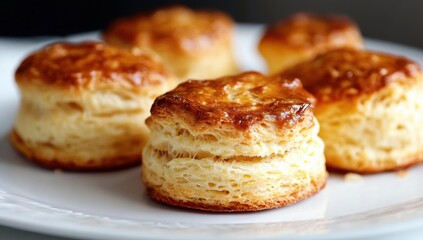 Golden Buttery Biscuits: Close-up of a plate with five golden, freshly baked biscuits, their flaky layers perfectly defined, enticing with their delicious aroma.