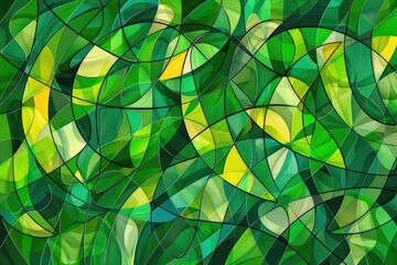 A modern interpretation of stained-glass, incorporating vivid greens and blues in geometric patterns. MZ 