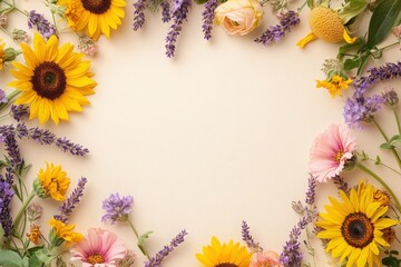 Obraz premium A whimsical oval frame made of sunflowers, lavender, and vibrant wildflowers on a soft ivory background