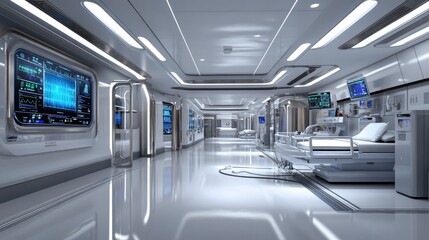 Obraz premium A futuristic emergency room with digital monitors, oxygen tanks, and white sterile surfaces, ready for critical care.