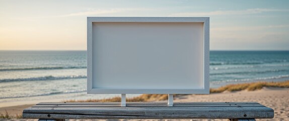 Empty picture frame invites imagination with serene ocean view captured in a tranquil coastal setting under a bright sky.