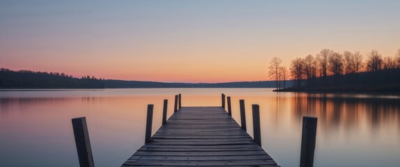 Fototapeta premium Serene Twilight Wooden Dock on Calm Lake