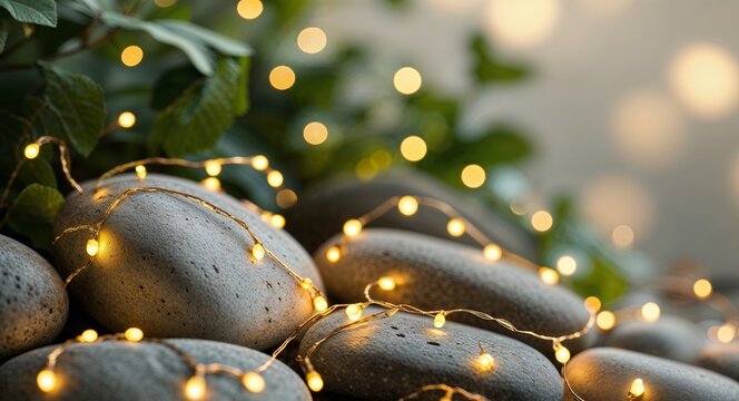 Warm Yellow String Lights Nestled on Stones.