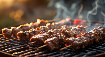 Grilled skewers of marinated meat sizzling on a barbecue with smoke rising in the background.