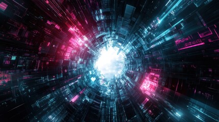 3d technology abstract neon light background, empty space scene, spotlight, dark night, virtual reality, cyber futuristic sci-fi background, street floor studio for mock up. colored geometric.