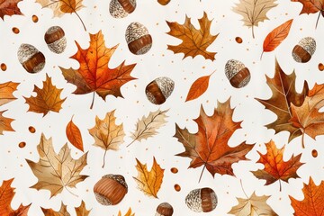 Playful autumn leaves and acorns, flat illustration, bright colors, whimsical design perfect for children's book covers, focus cover all object, deep dept of field. MZ