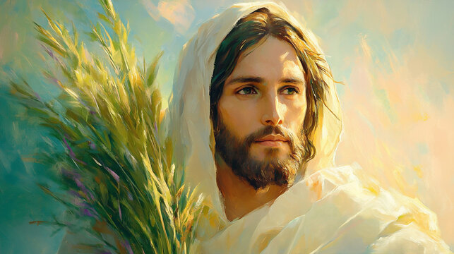 Close-up of Jesus Holding Palm Leaves During Palm Sunday Celebrations in a Serene and Colorful Background